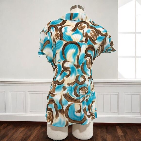 Sere Nade White Teal Brown Crinkle Ruffle Blouse Top Swirl XL Y2K - Picture 2 of 6